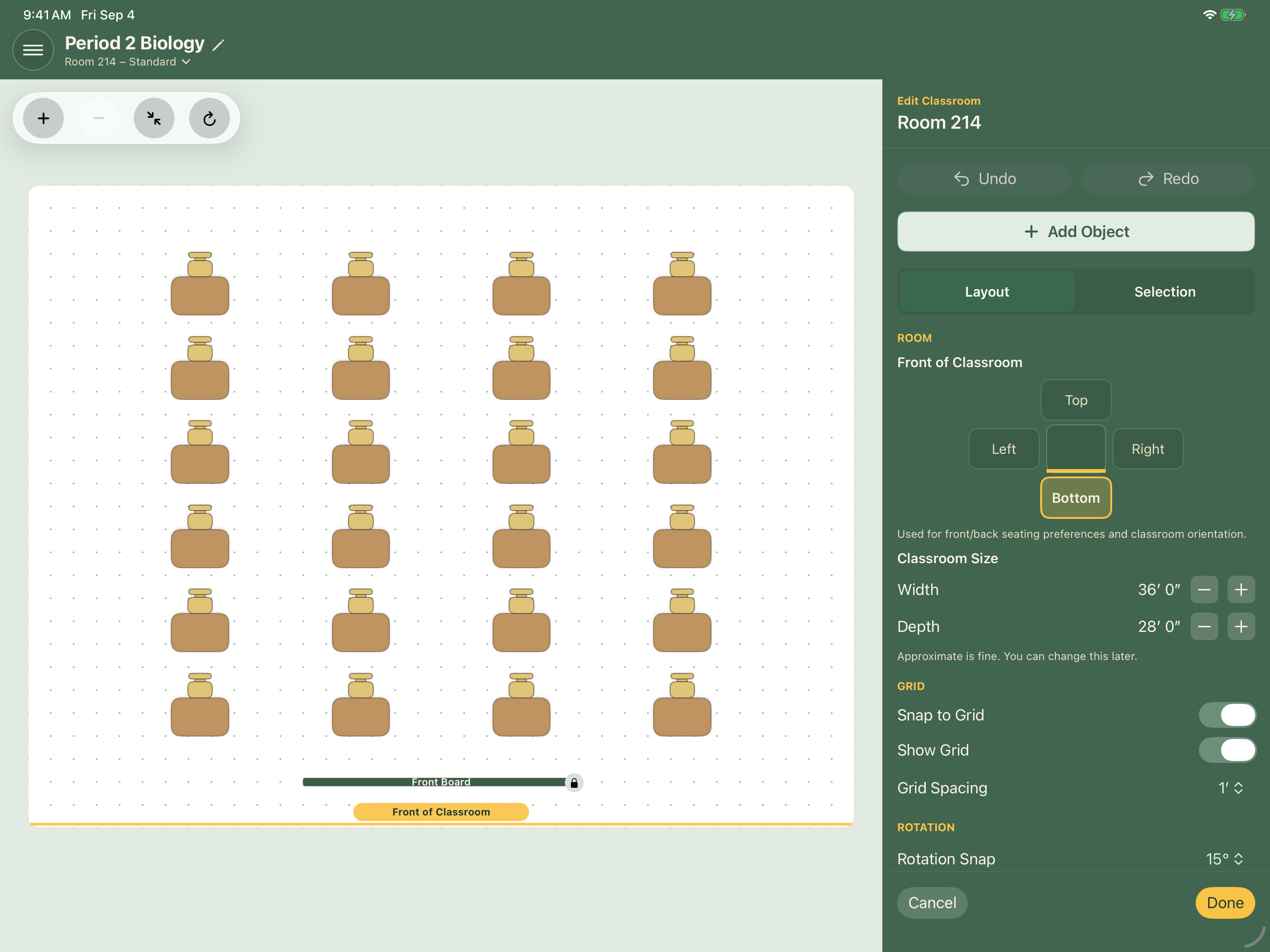 Edit Classroom screen showing Room 214 with 24 desks and classroom layout controls.