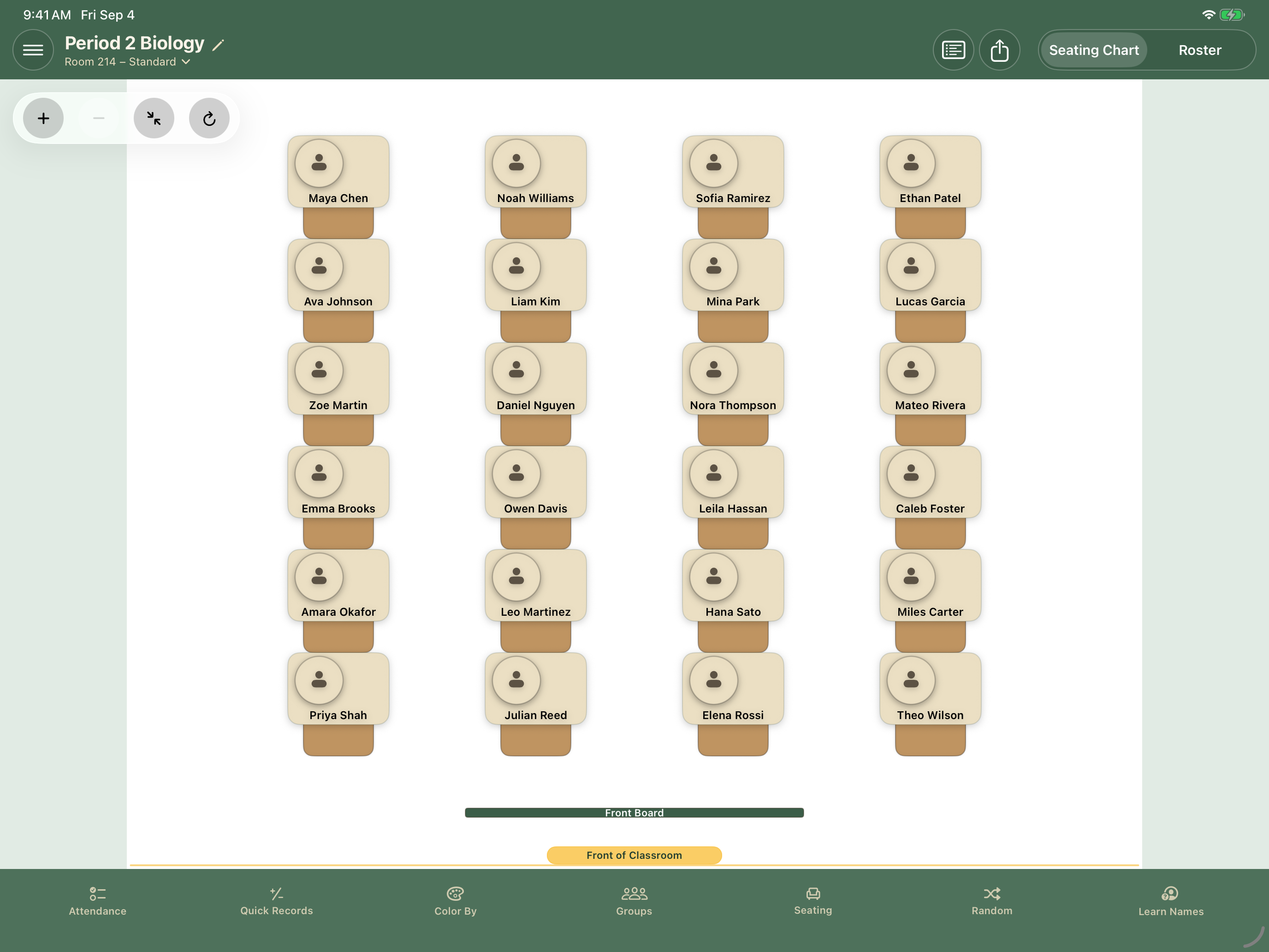Seating Chart showing 24 fictional students seated in Room 214.